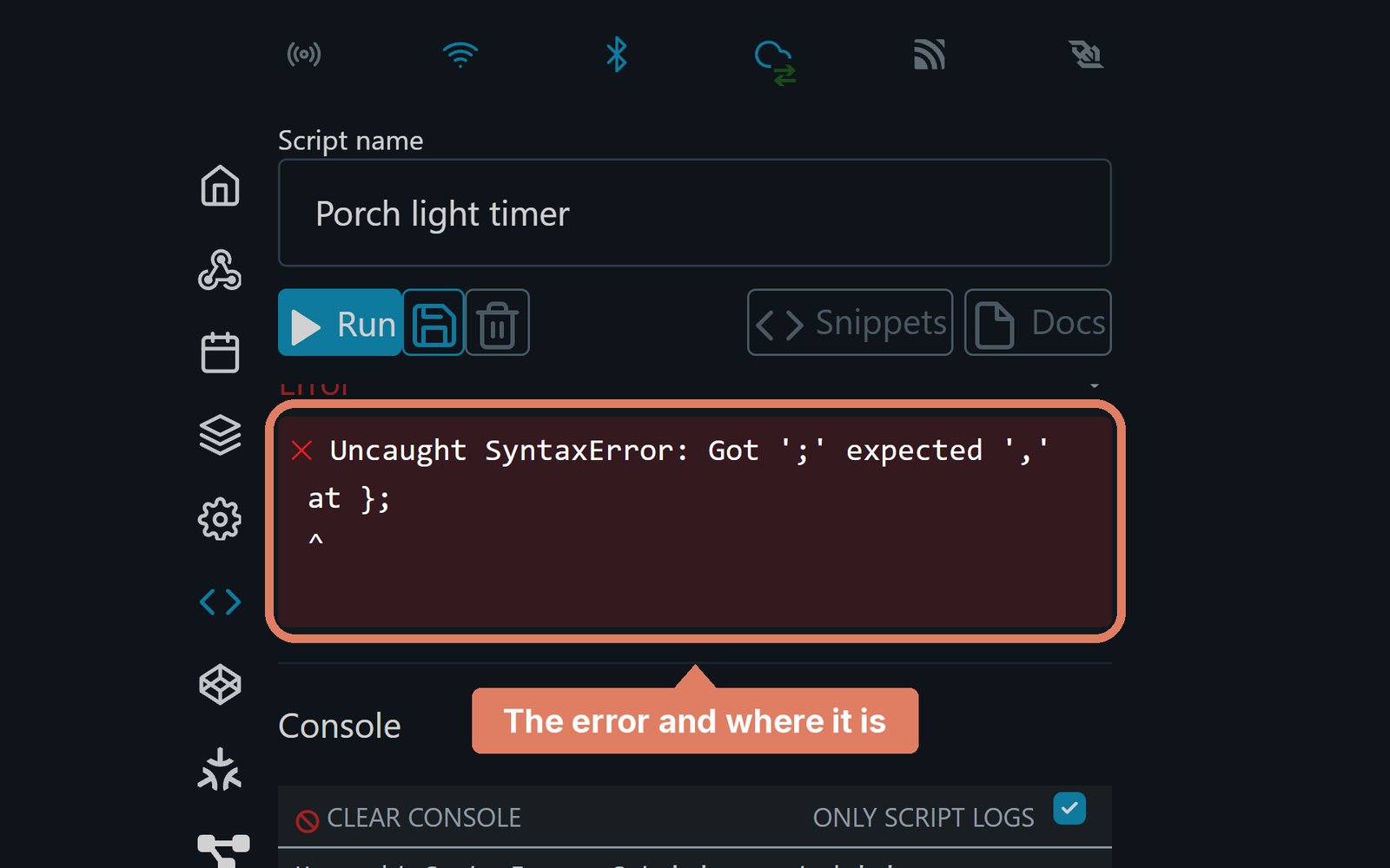 The Shelly web page's script editor, with the Error box and its syntax error marked
