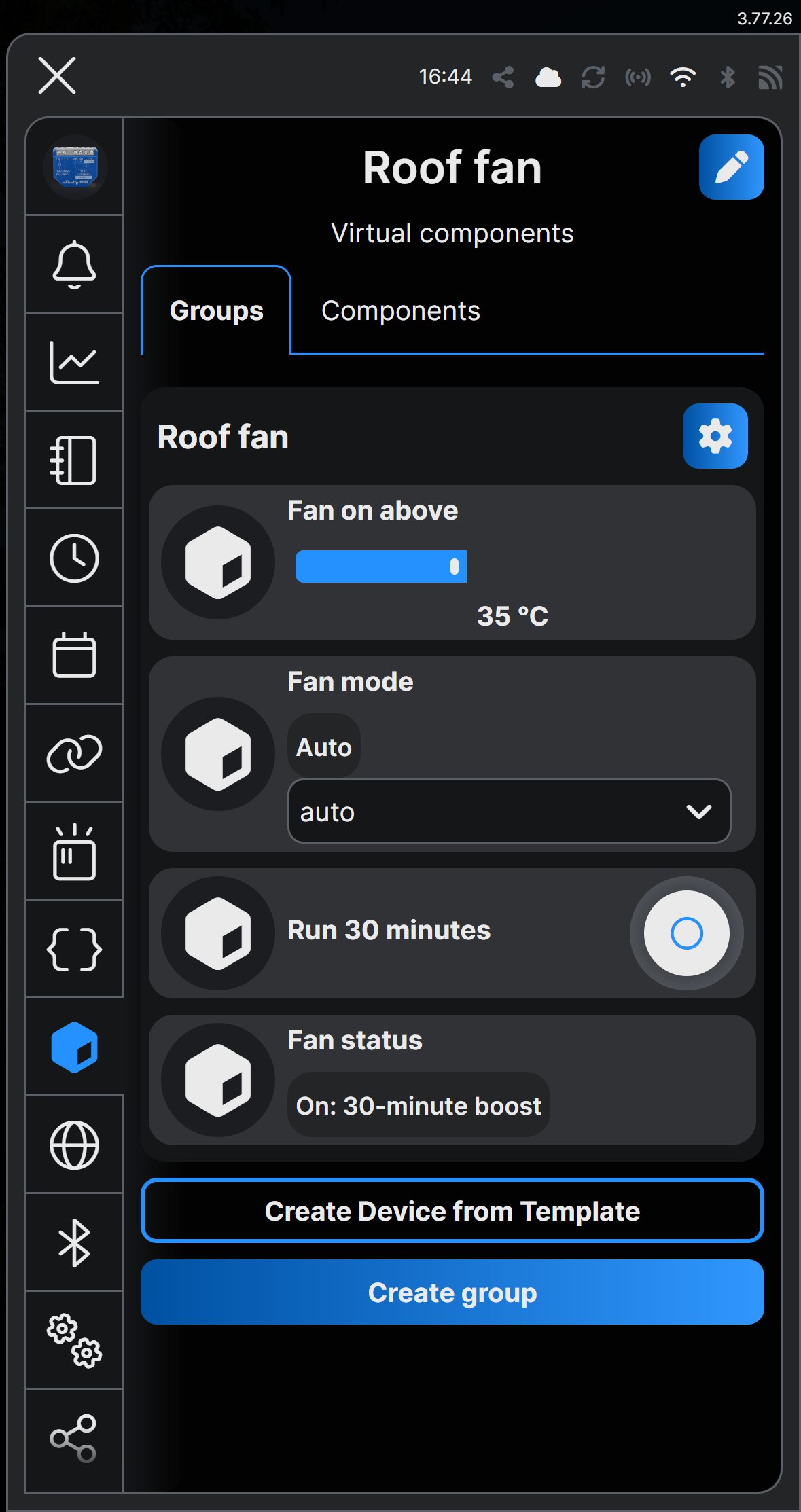 Shelly Smart Control Virtual components screen for the Roof fan device after pressing Run 30 minutes, with Fan status reading On: 30-minute boost
