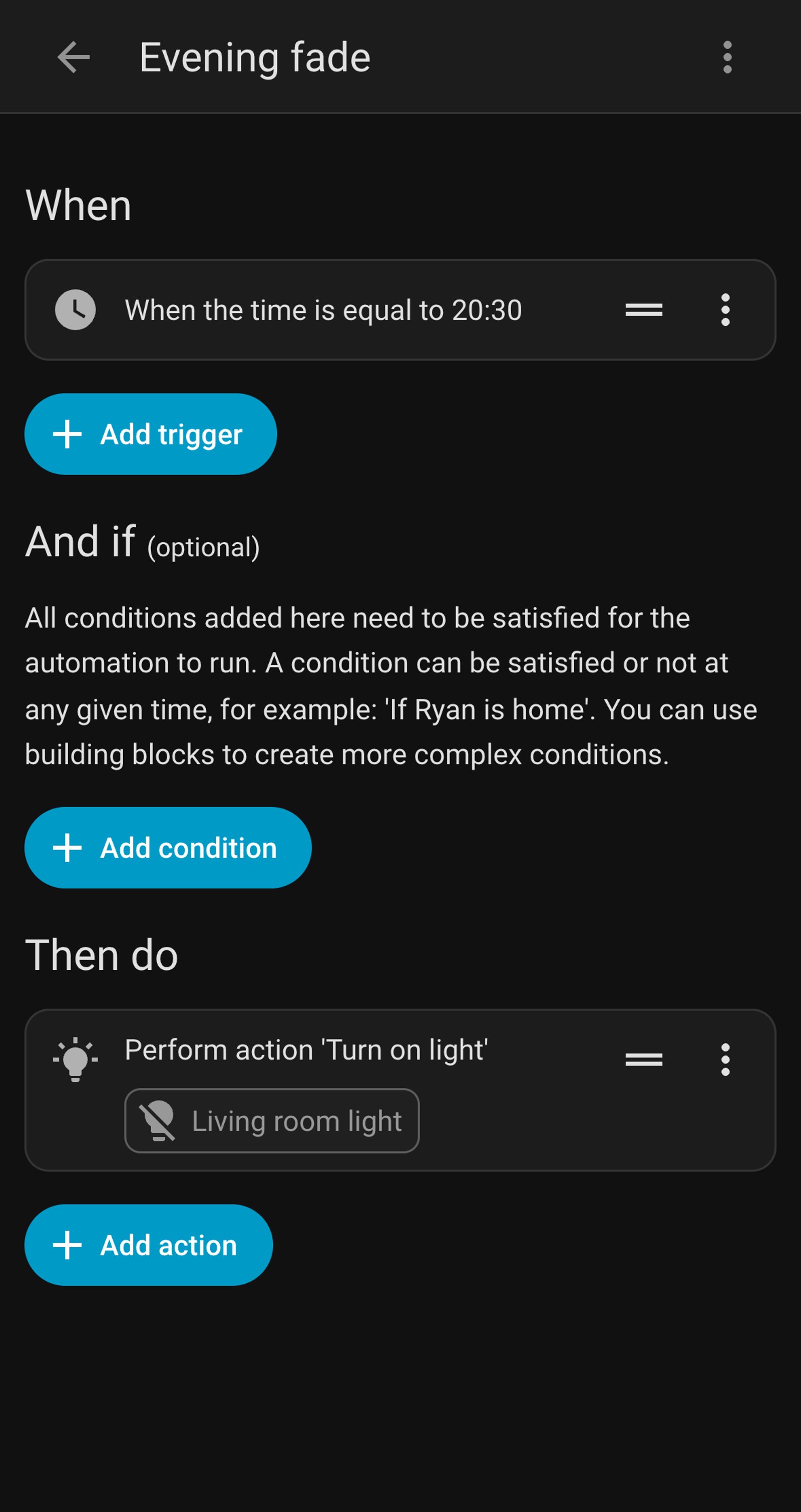 Home Assistant automation Evening fade, triggered at 20:30 and turning on Living room light.