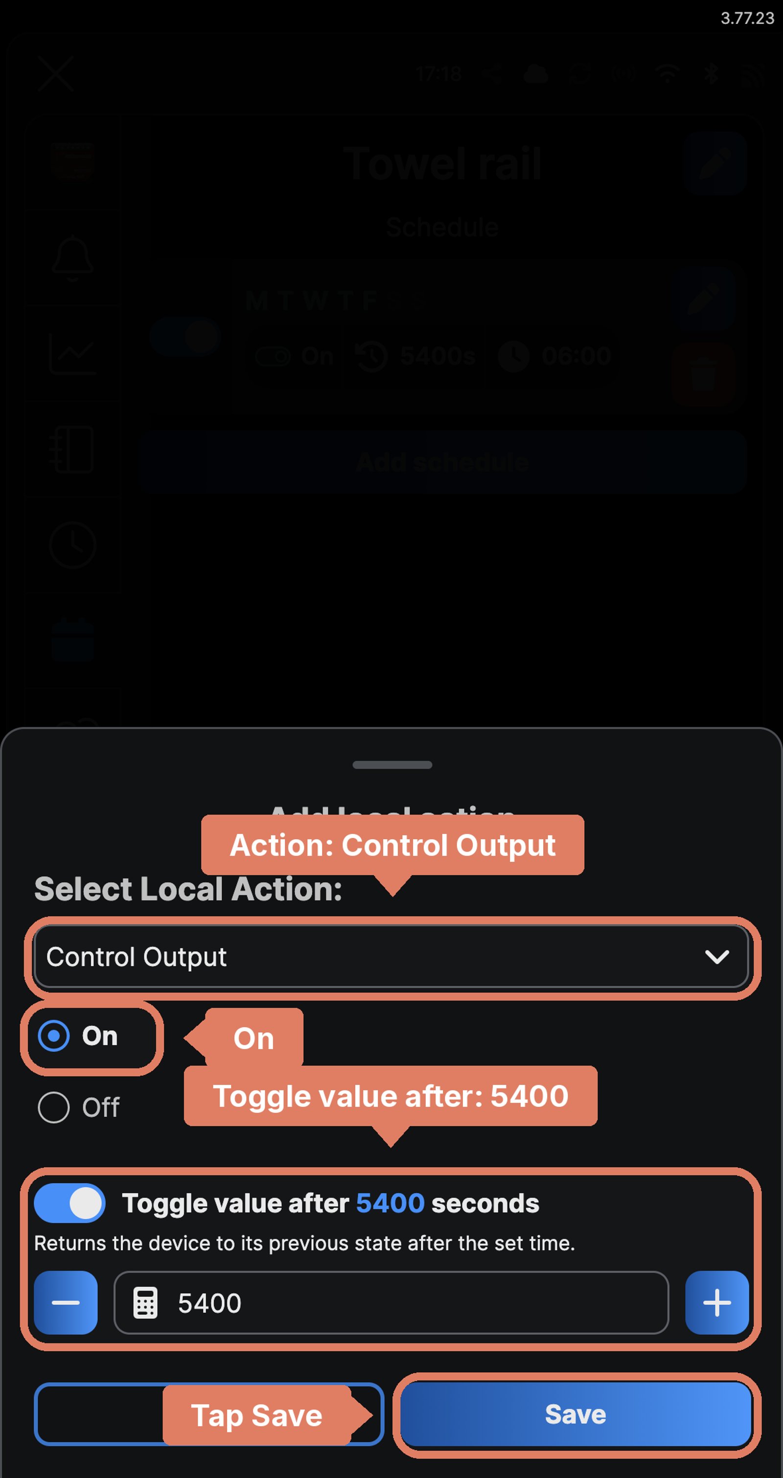 Shelly app Add local action sheet for a Shelly 1PM Gen4 named Towel rail: Control Output, On, Toggle value after 5400 seconds, with each setting labelled and Save marked.