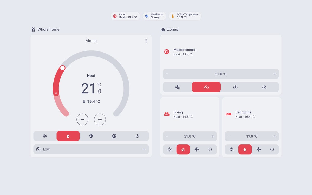 Home Assistant aircon lab dashboard running the Catppuccin theme (Latte), on desktop