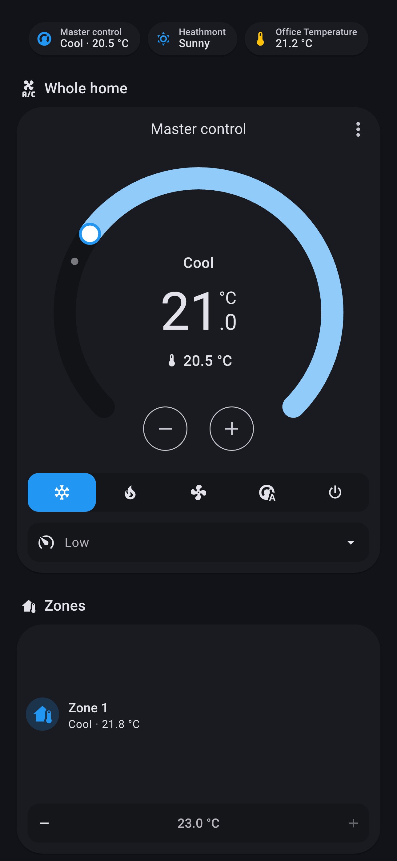 Home Assistant dashboard for an Actron Air ducted system on a phone, Material You dark theme, showing the whole-home thermostat set to cool at 21 degrees above the zone controls