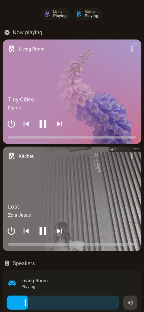 Home Assistant media lab dashboard running the Warm Burnout theme (Dark), on a phone