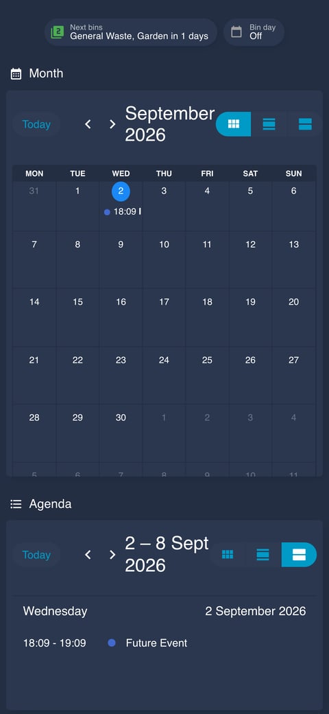 Home Assistant calendar lab dashboard running the Noctis theme (Dark), on a phone