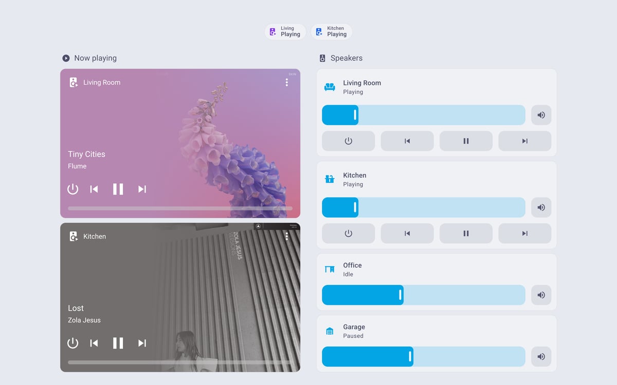Home Assistant media lab dashboard running the Catppuccin theme (Latte), on desktop
