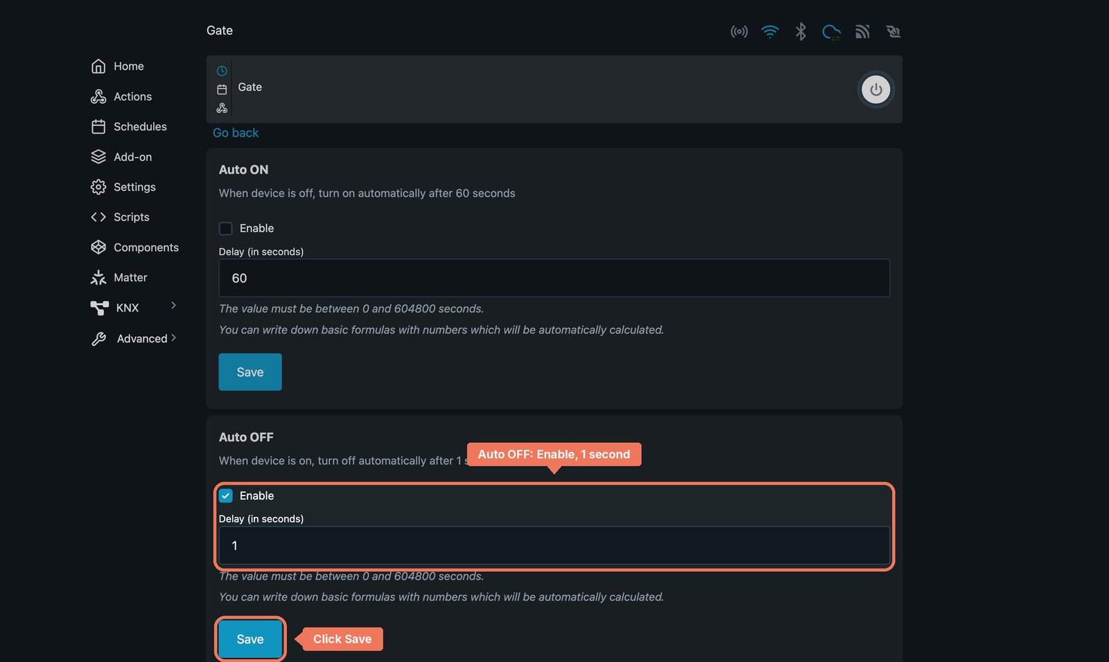 Shelly local web interface timers for Gate, with Auto OFF enabled at 1 second labelled and Save marked.