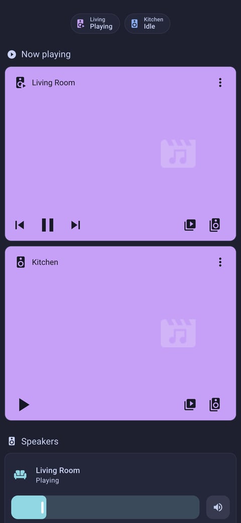 Home Assistant media lab dashboard running the Catppuccin theme (Macchiato), on a phone