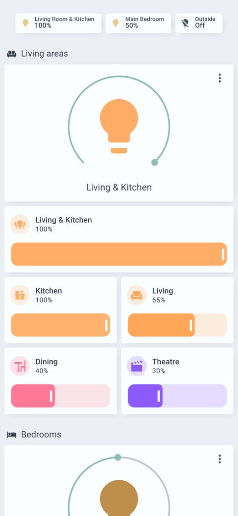 Home Assistant lights lab dashboard running the Nordic theme (Light), on a phone