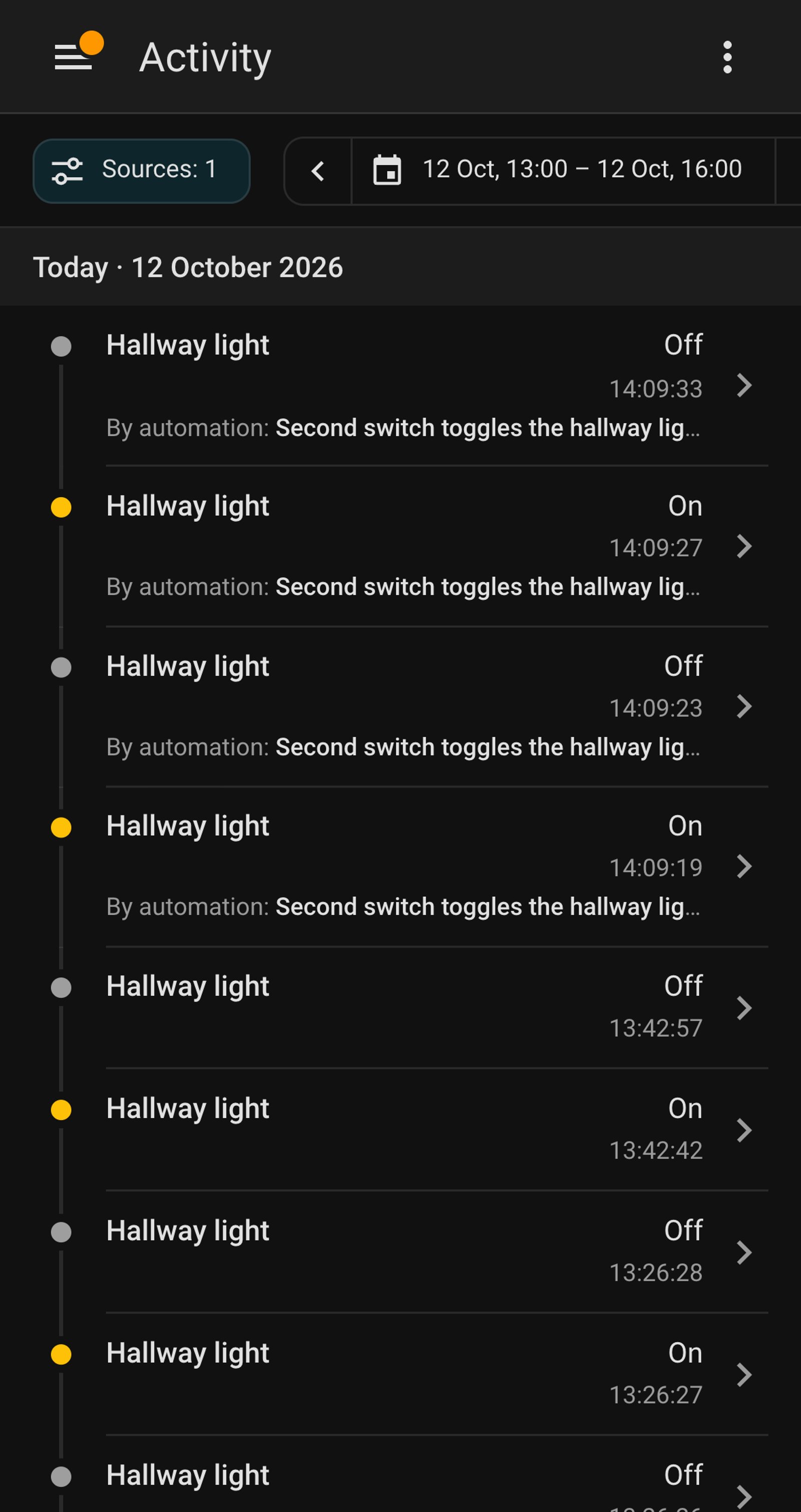 Home Assistant Activity for Hallway light, listing it turning on and off by the automation Second switch toggles the hallway light.