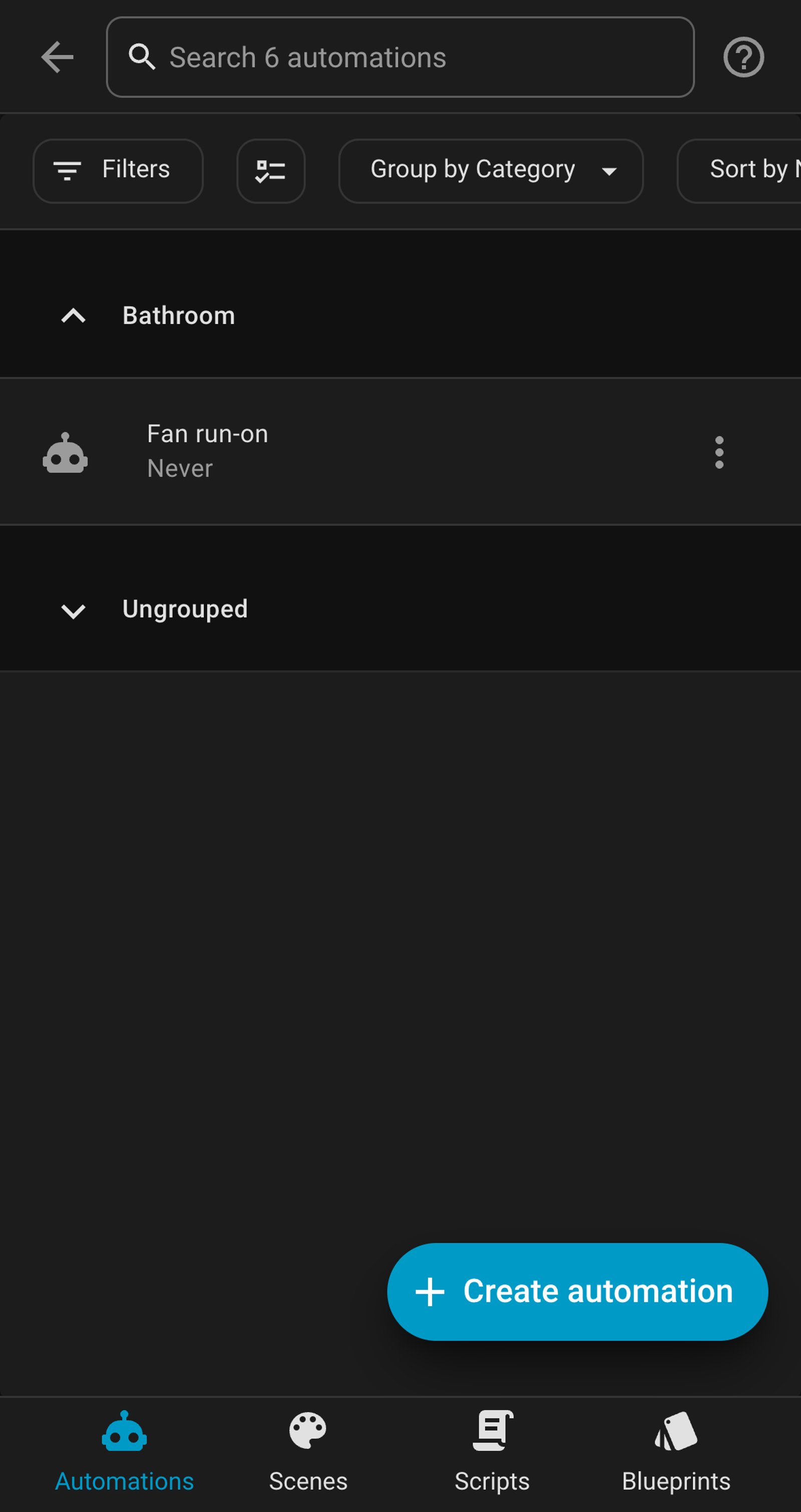 Home Assistant automations list showing Fan run-on in a Bathroom group.