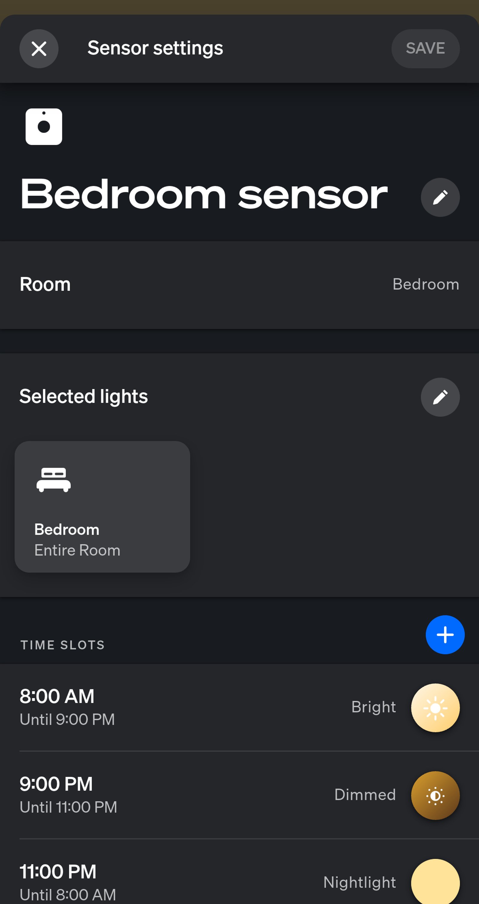 Philips Hue app Sensor settings for Bedroom sensor, with time slots Bright from 8:00 AM, Dimmed from 9:00 PM and Nightlight from 11:00 PM.