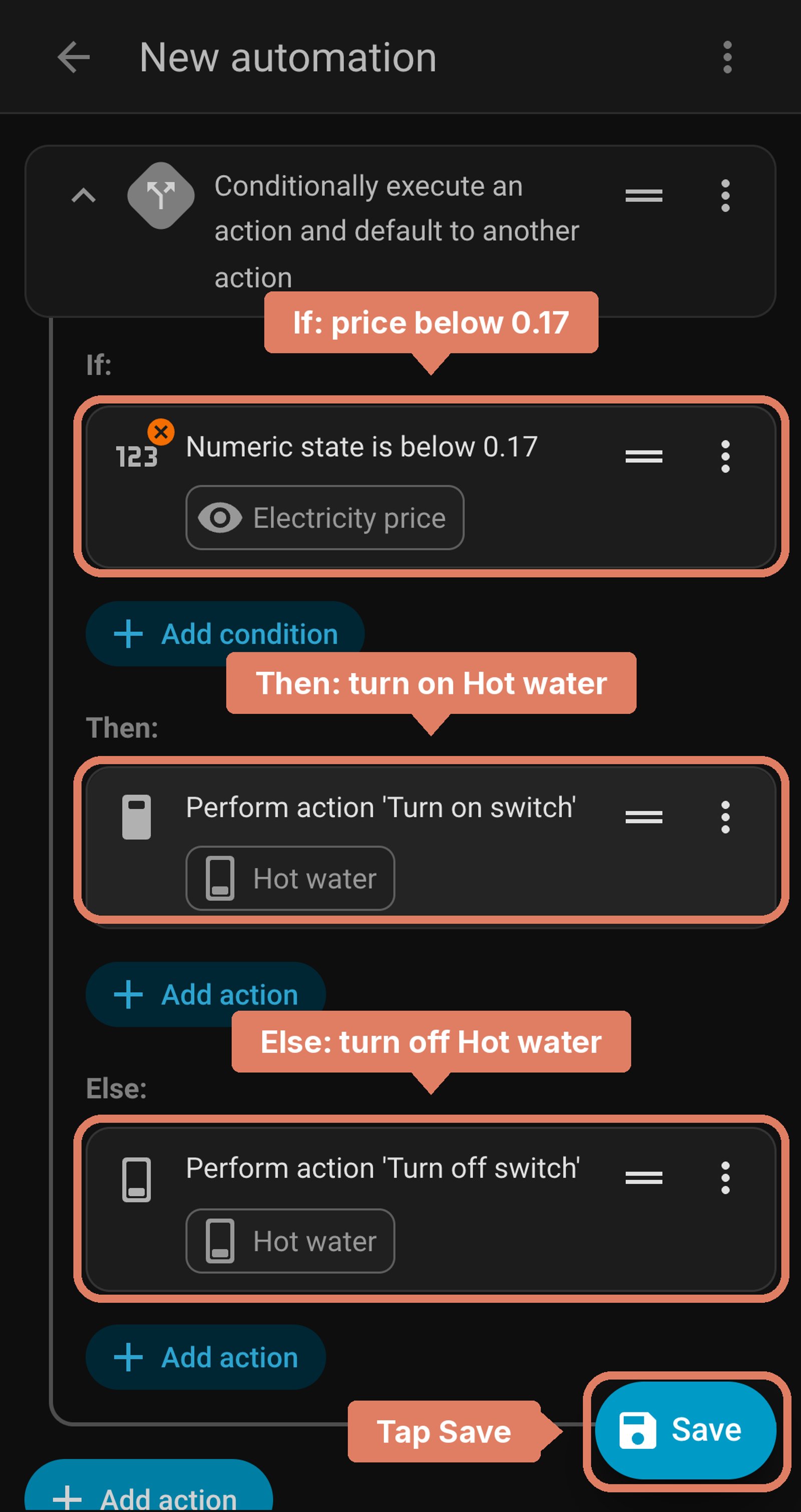 Home Assistant new automation before saving: if Electricity price is below 0.17, turn on Hot water, else turn it off, with each part labelled and Save marked.
