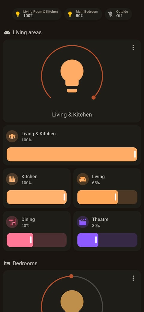 Home Assistant lights lab dashboard running the Warm Burnout theme (Dark), on a phone