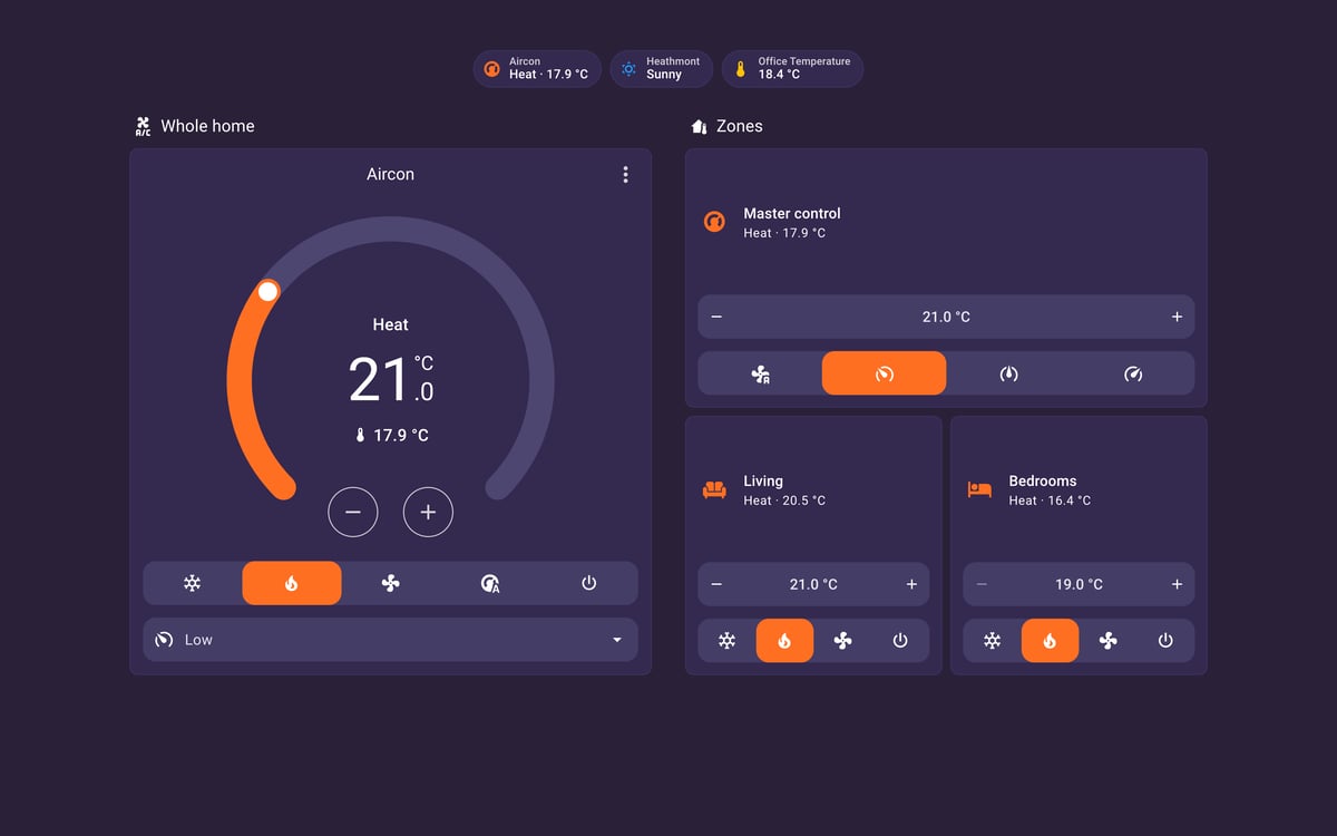 Home Assistant aircon lab dashboard running the Synthwave theme (Dark), on desktop