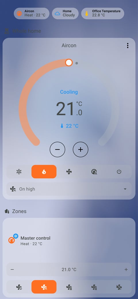 Home Assistant aircon lab dashboard running the iOS Themes theme (Light), on a phone