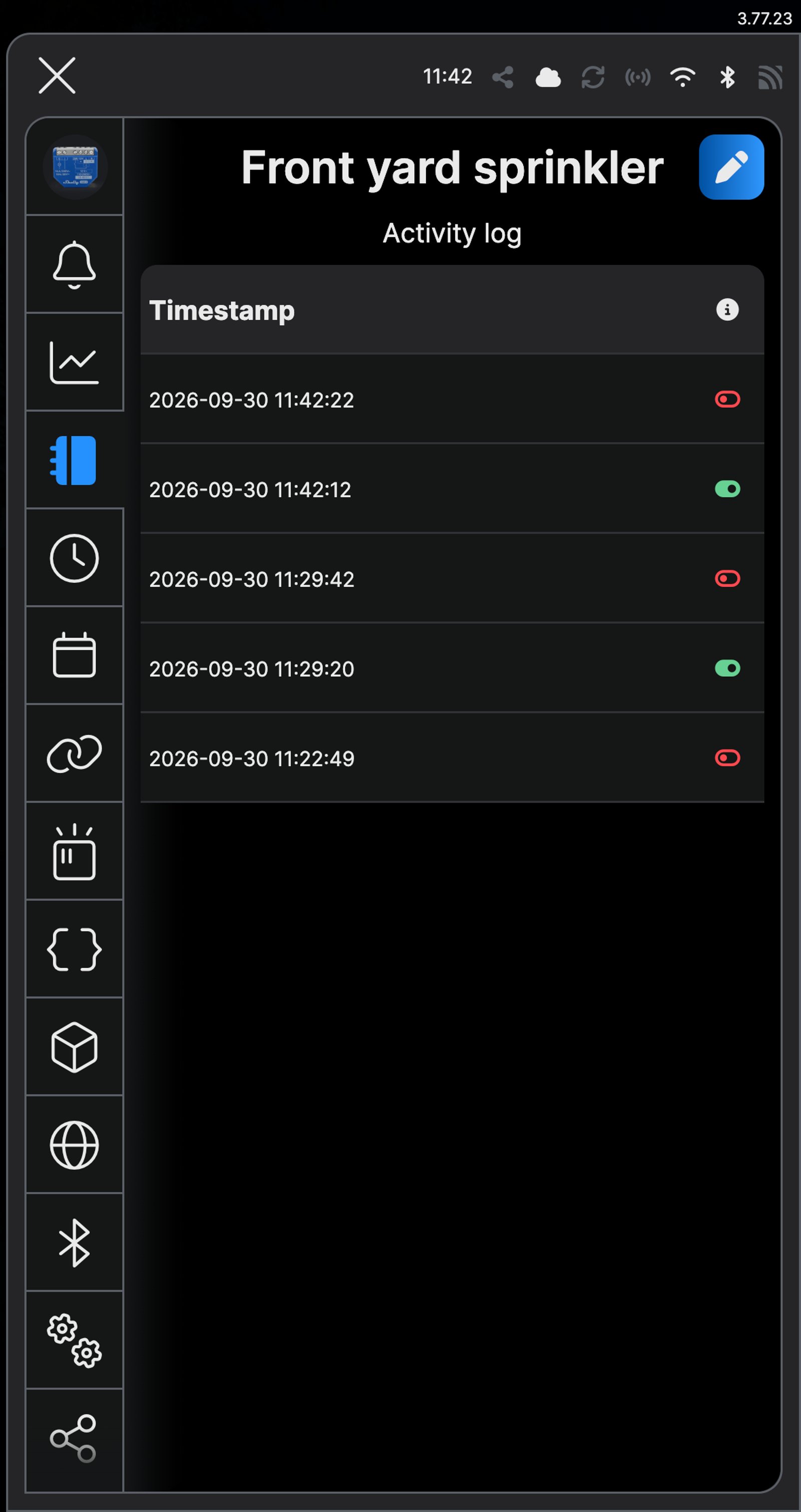 Shelly app activity log for Front yard sprinkler, listing when it turned on and off.