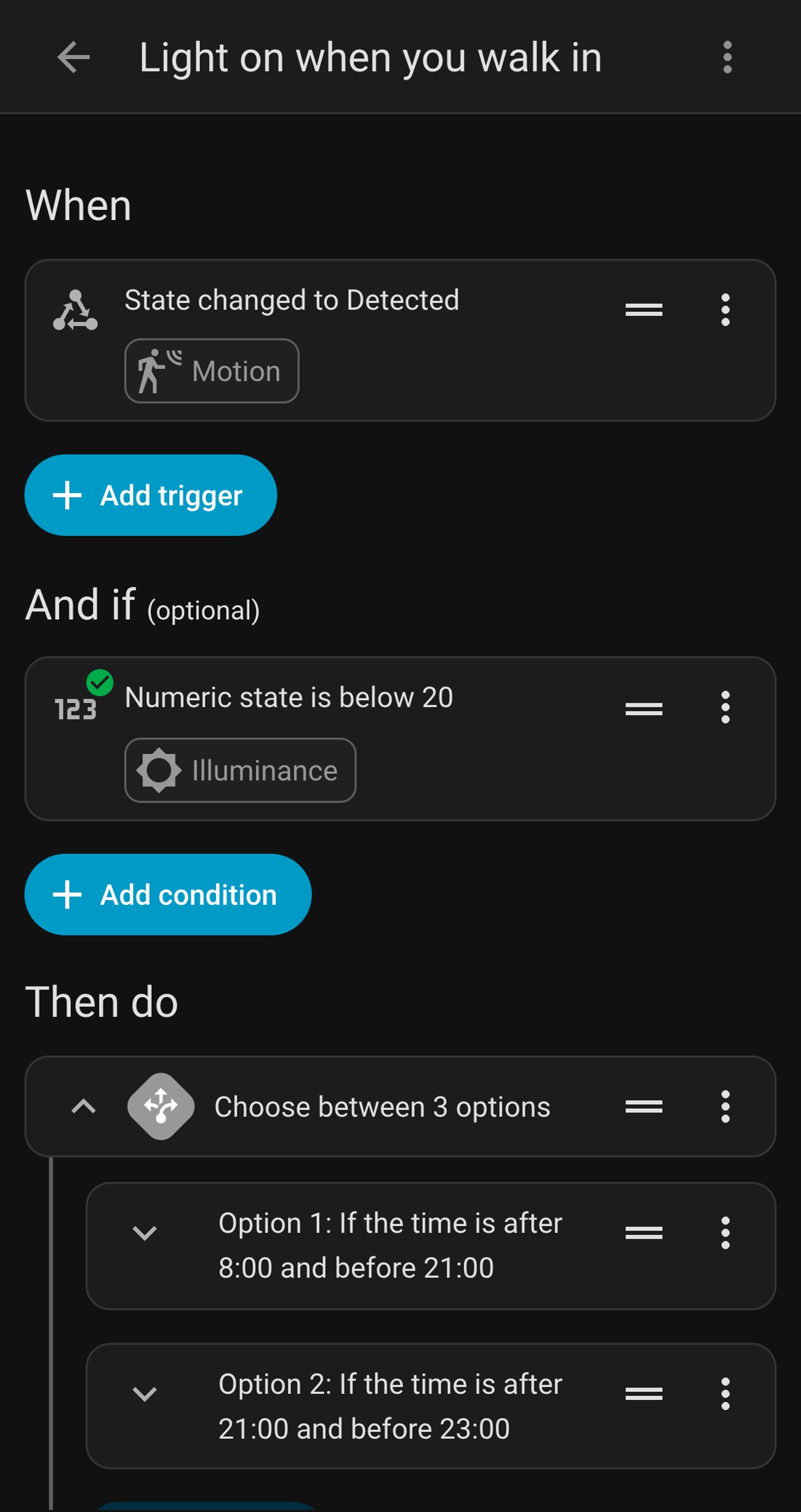 Home Assistant automation Light on when you walk in, triggered by the Hue motion sensor through the Hue Bridge, only below 20 lux, choosing a Hue scene by the time of day.