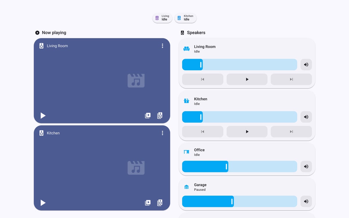 Home Assistant media lab dashboard running the Material You theme (Light), on desktop