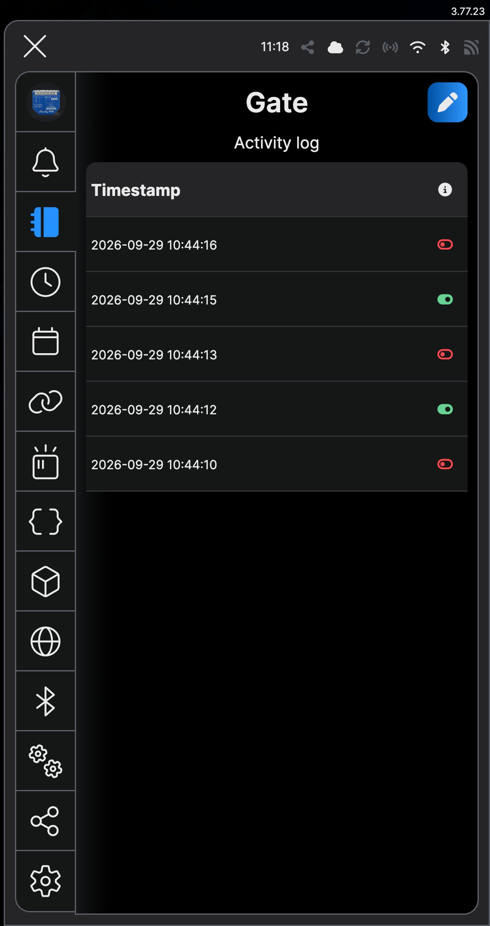 Shelly app activity log for a device named Gate, listing time-stamped on and off events.