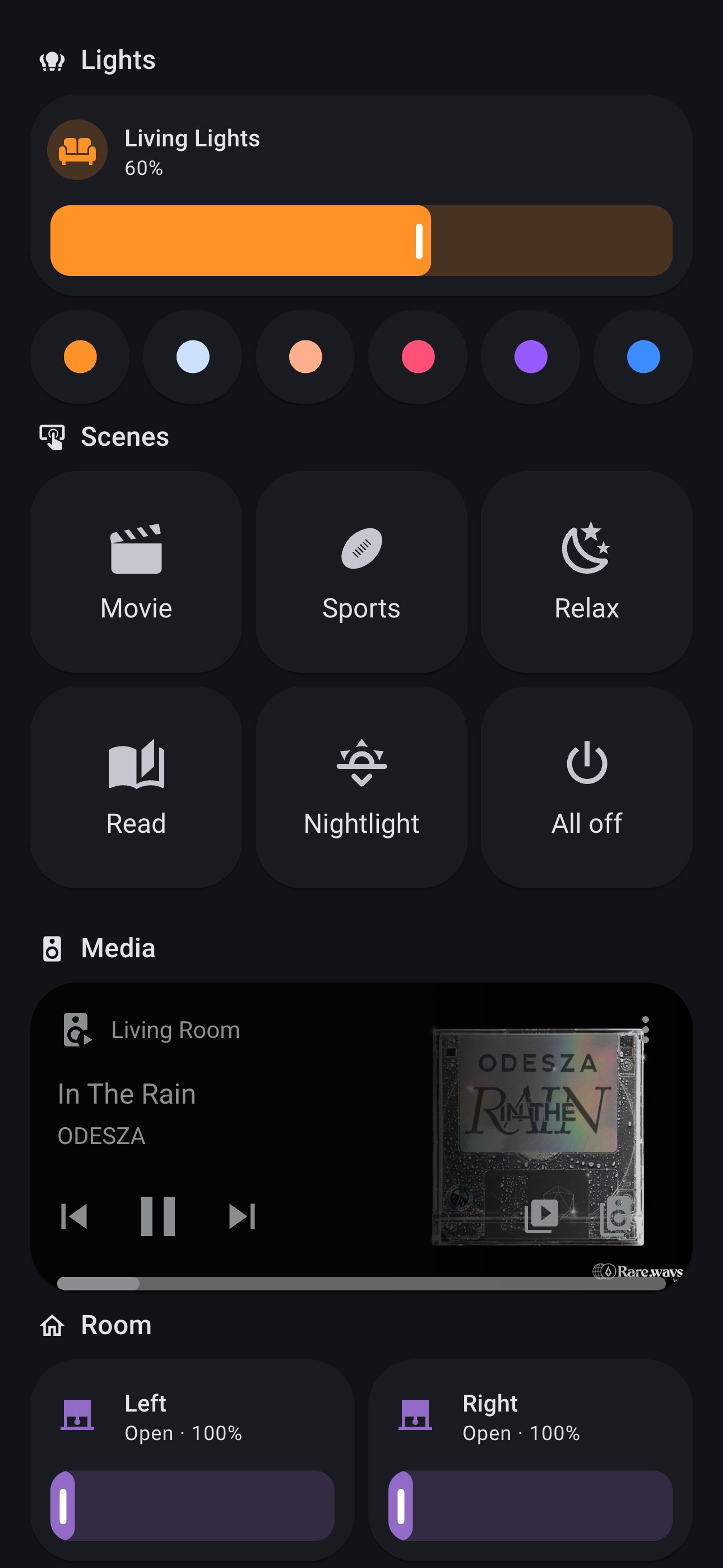 Home Assistant living room dashboard on a phone, with the brightness slider and colour presets above the scene buttons and the Sonos card below