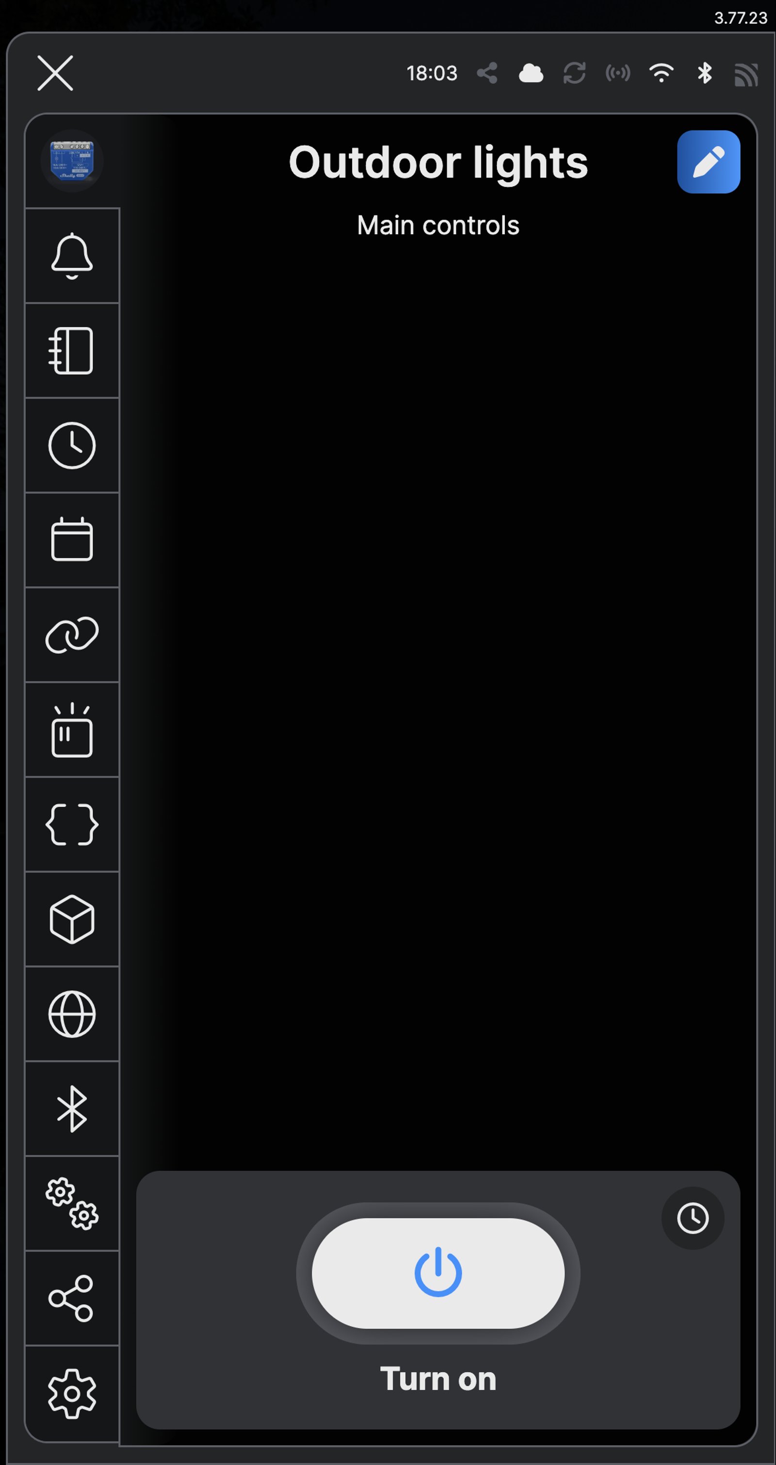Shelly app main controls for a Shelly 1 Gen4 named Outdoor lights, with a single Turn on button.