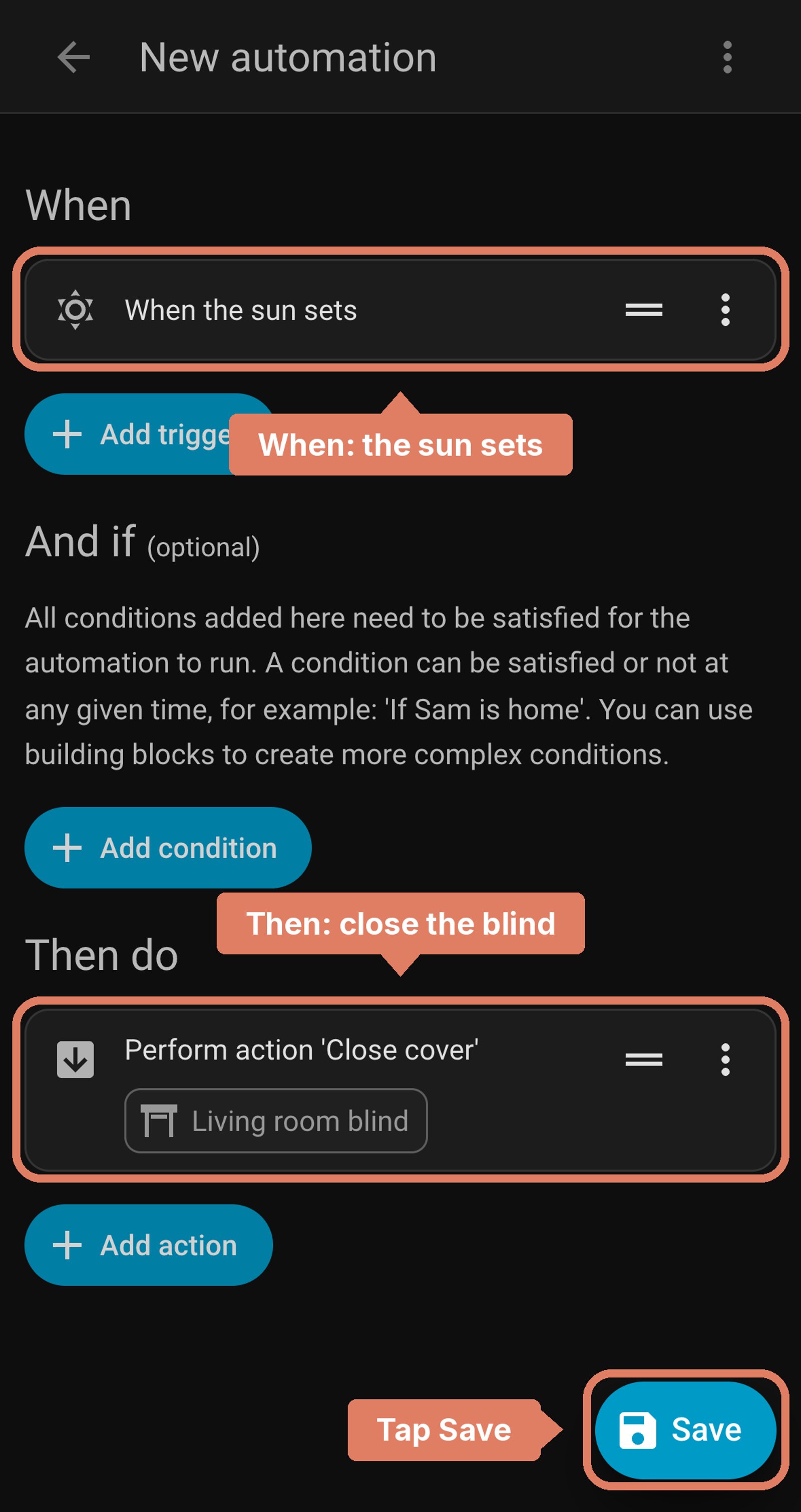 Home Assistant new automation before saving: when the sun sets, close Living room blind, with the trigger and action labelled and Save marked.