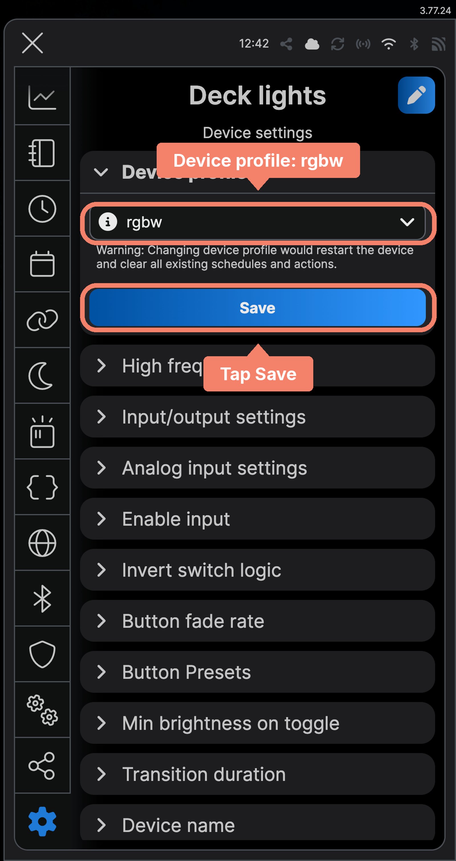 Shelly app Device settings for Deck lights, with the device profile rgbw labelled and Save marked.
