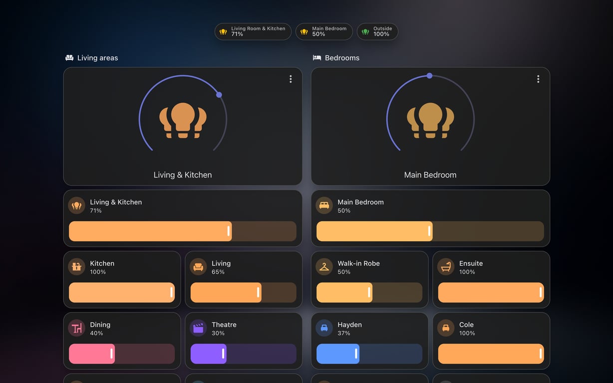 Home Assistant lights lab dashboard running the Frosted Glass theme (Dark), on desktop