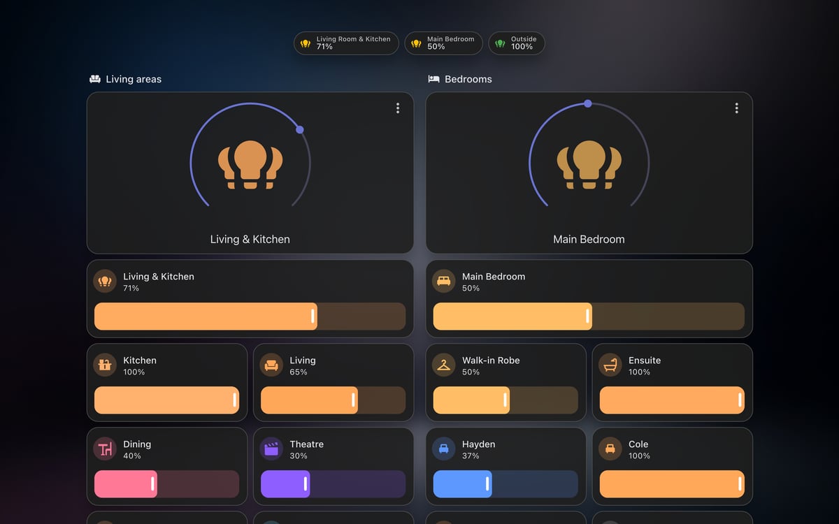 Home Assistant lights lab dashboard running the Frosted Glass theme (Dark), on desktop