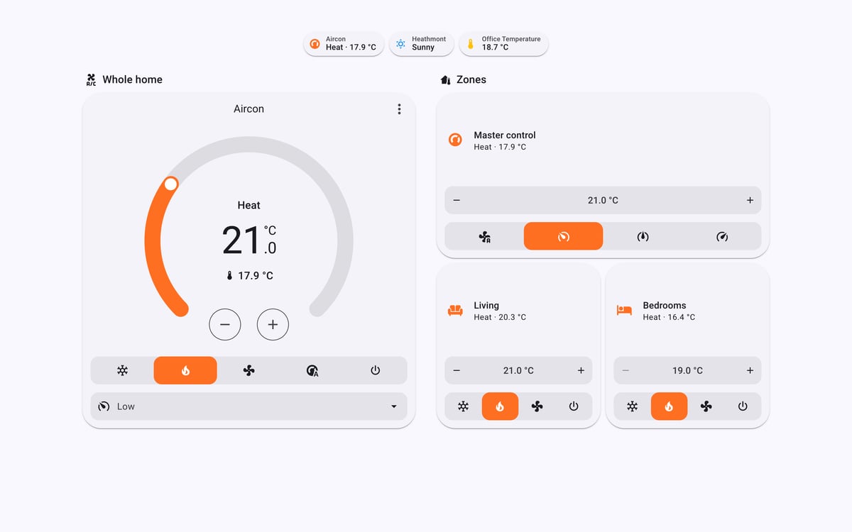 Home Assistant aircon lab dashboard running the Material You theme (Light), on desktop
