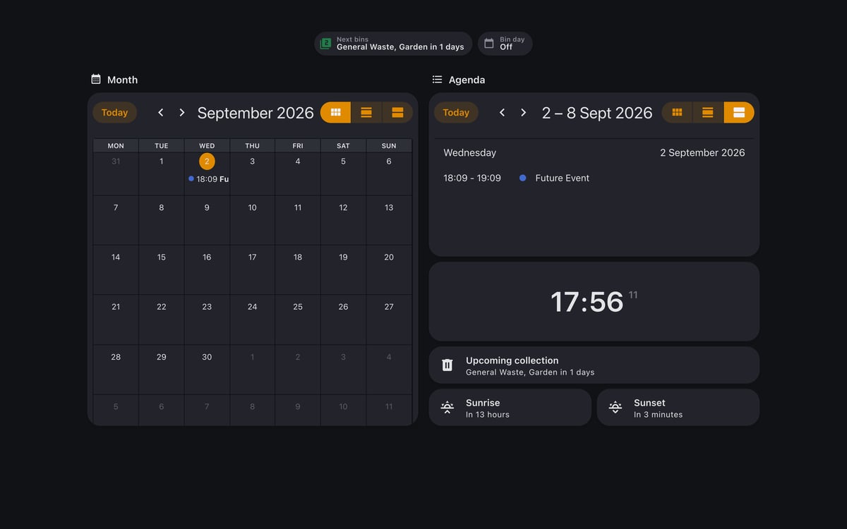 Home Assistant calendar lab dashboard running the Graphite theme (Dark), on desktop