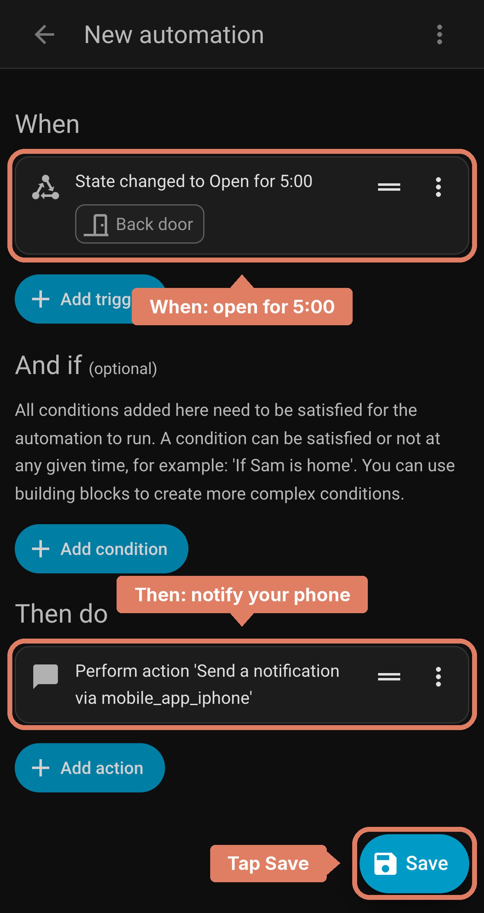 Home Assistant new automation before saving: when Back door has been open for 5:00, send a notification to the phone, with the trigger and action labelled and Save marked.