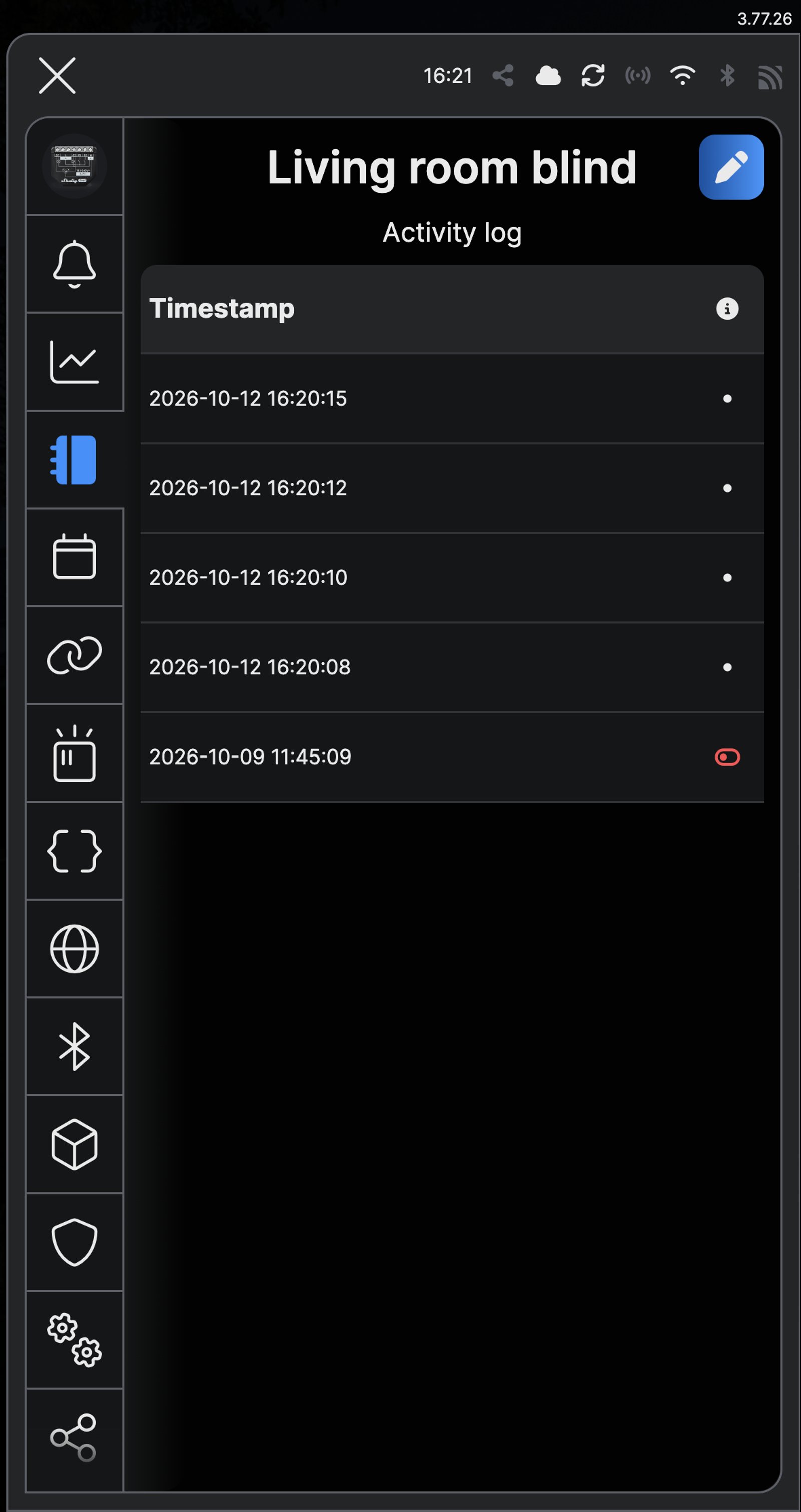 Shelly app activity log for Living room blind, listing each time it opened, closed or stopped.