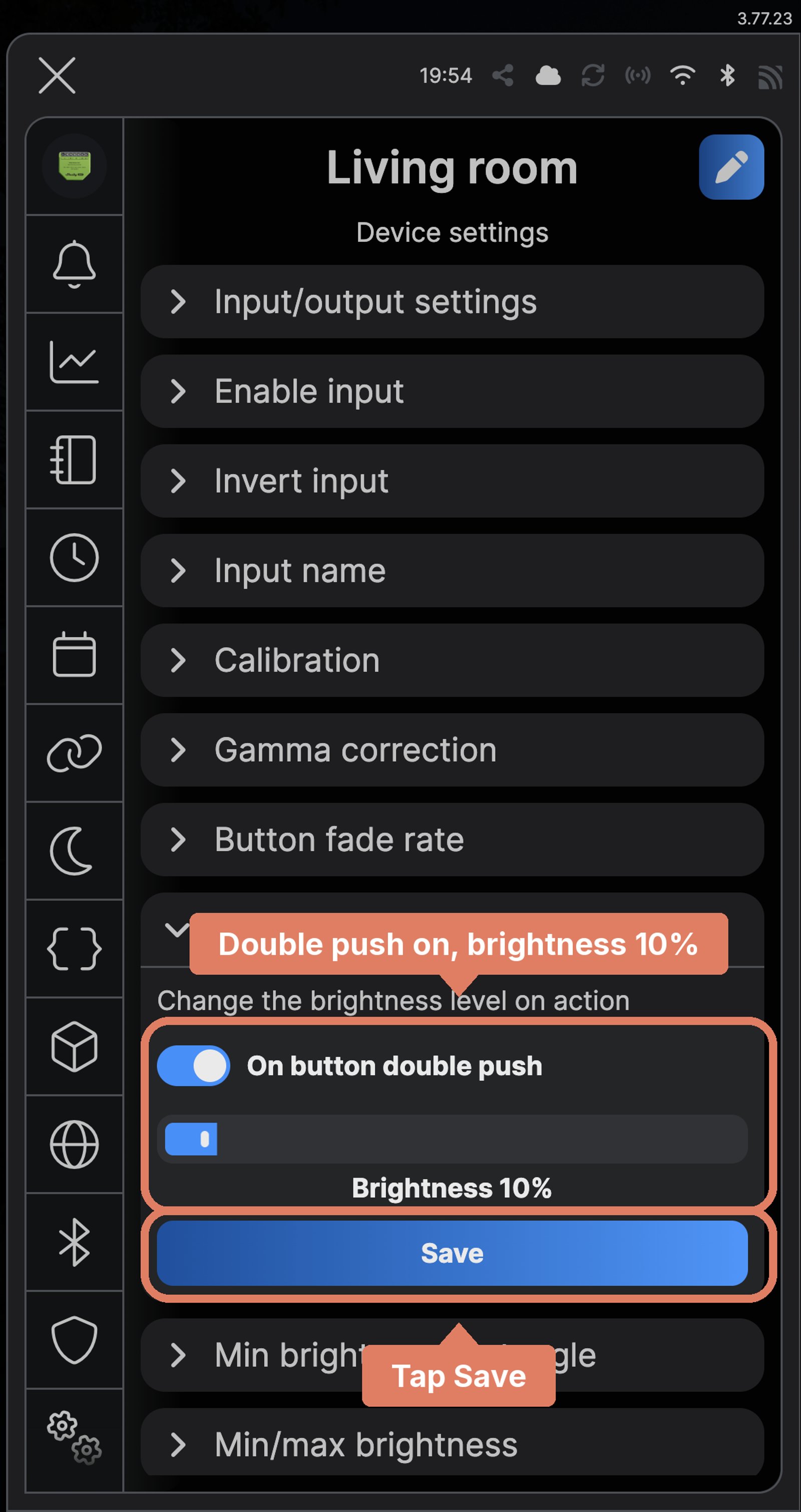 Shelly app Button Presets for Living room, with On button double push on at 10% labelled and Save marked.