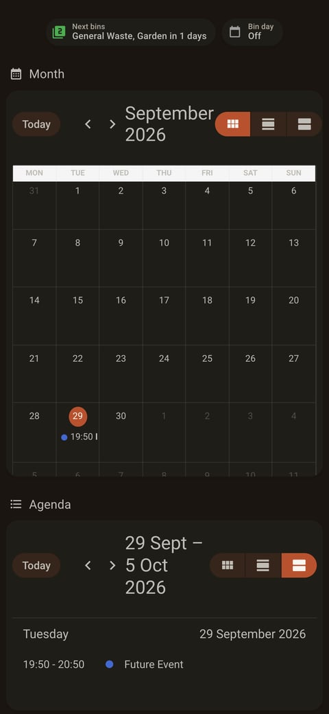 Home Assistant calendar lab dashboard running the Warm Burnout theme (Dark), on a phone