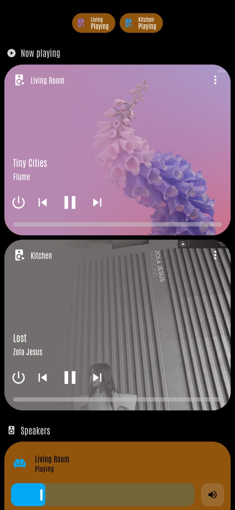 Home Assistant media lab dashboard running the LCARS theme (Lower Decks), on a phone