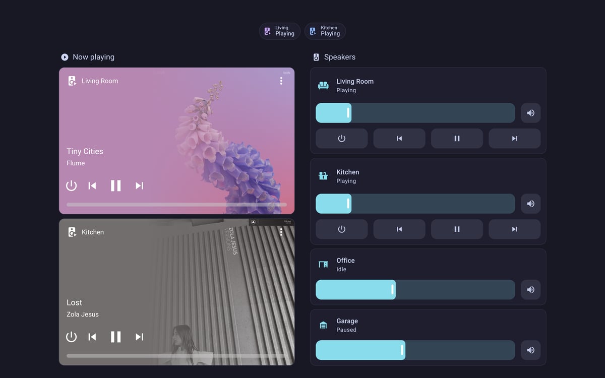 Home Assistant media lab dashboard running the Catppuccin theme (Mocha), on desktop