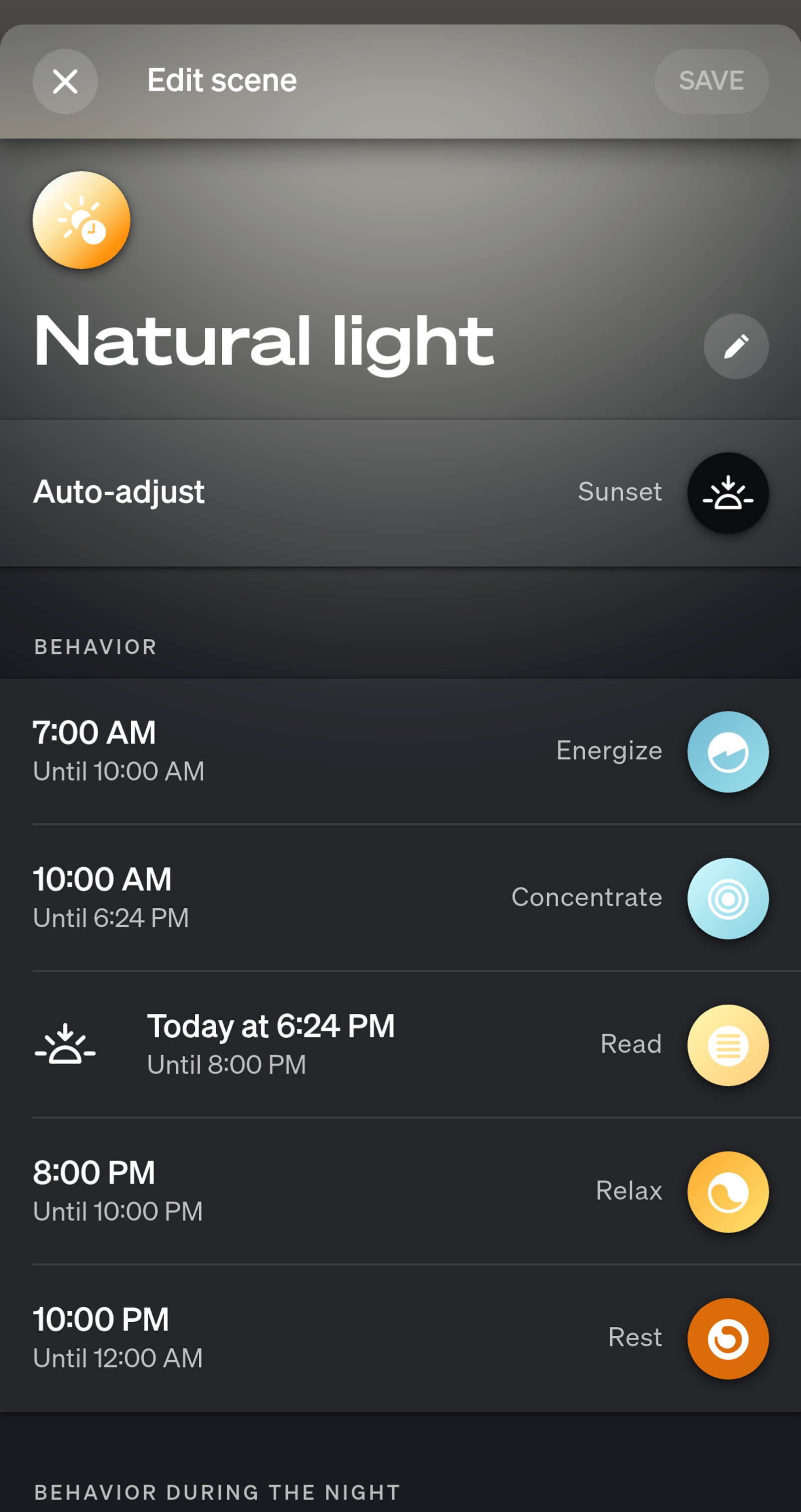 Philips Hue app Natural light scene editor with auto-adjust set to Sunset and time slots from Energize at 7:00 AM to Rest at 10:00 PM.