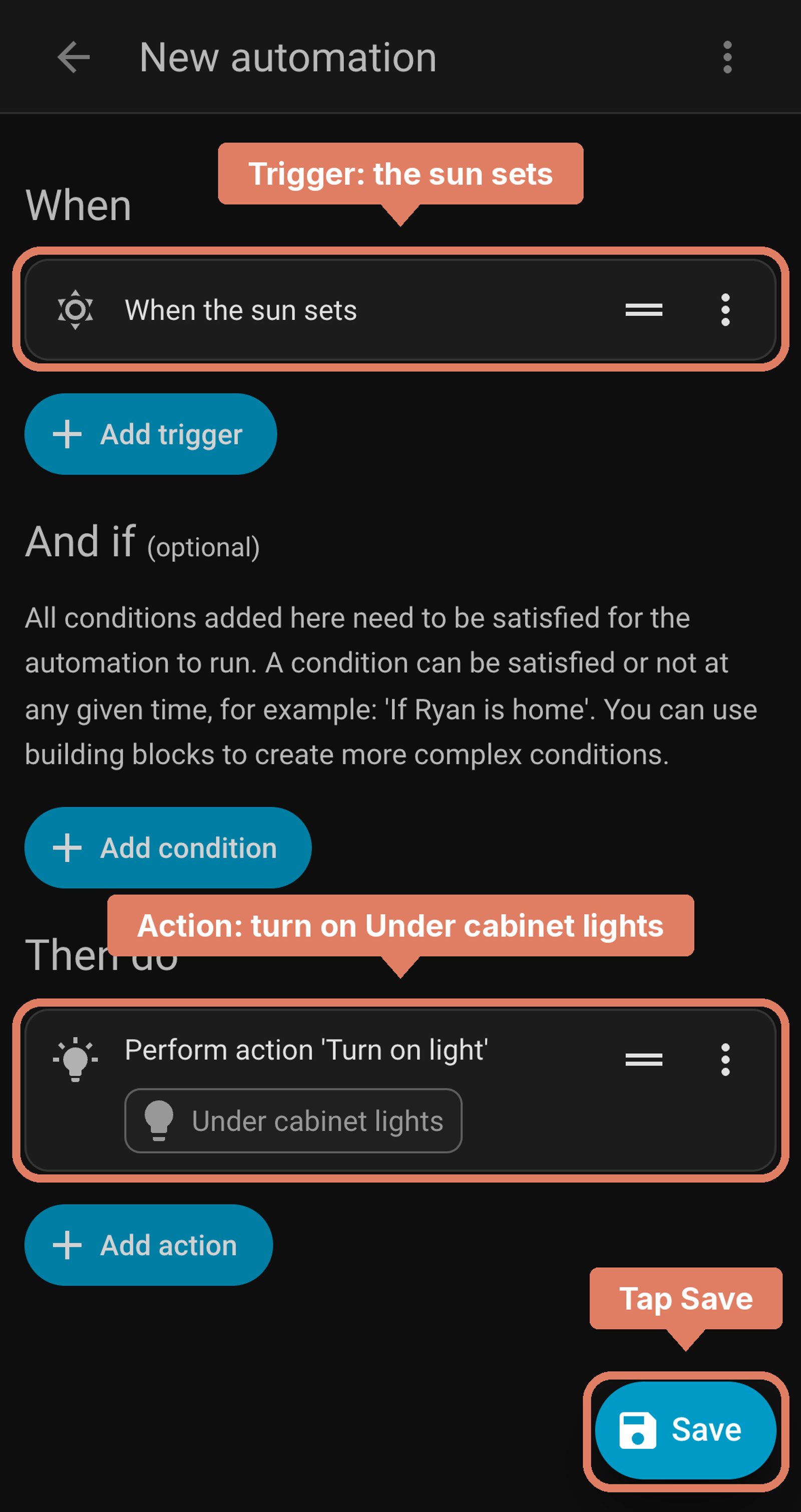Home Assistant new automation before saving: when the sun sets, turn on Under cabinet lights, with the trigger and action labelled and Save marked.