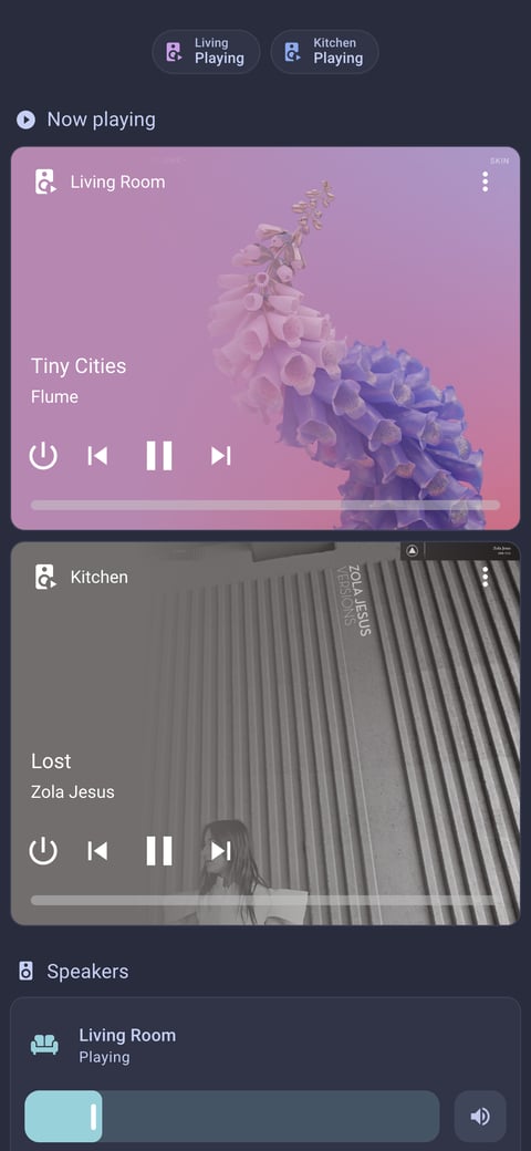Home Assistant media lab dashboard running the Catppuccin theme (Frappe), on a phone