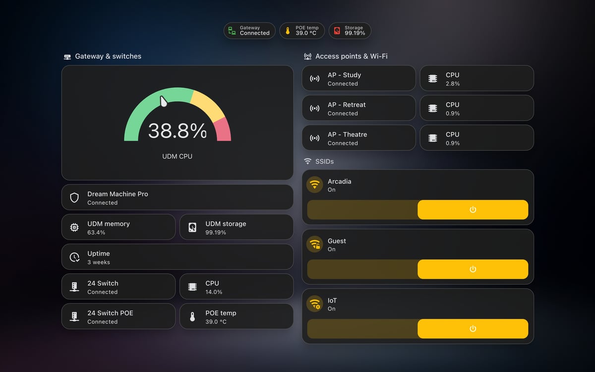 Home Assistant network lab dashboard running the Frosted Glass theme (Lite dark), on desktop