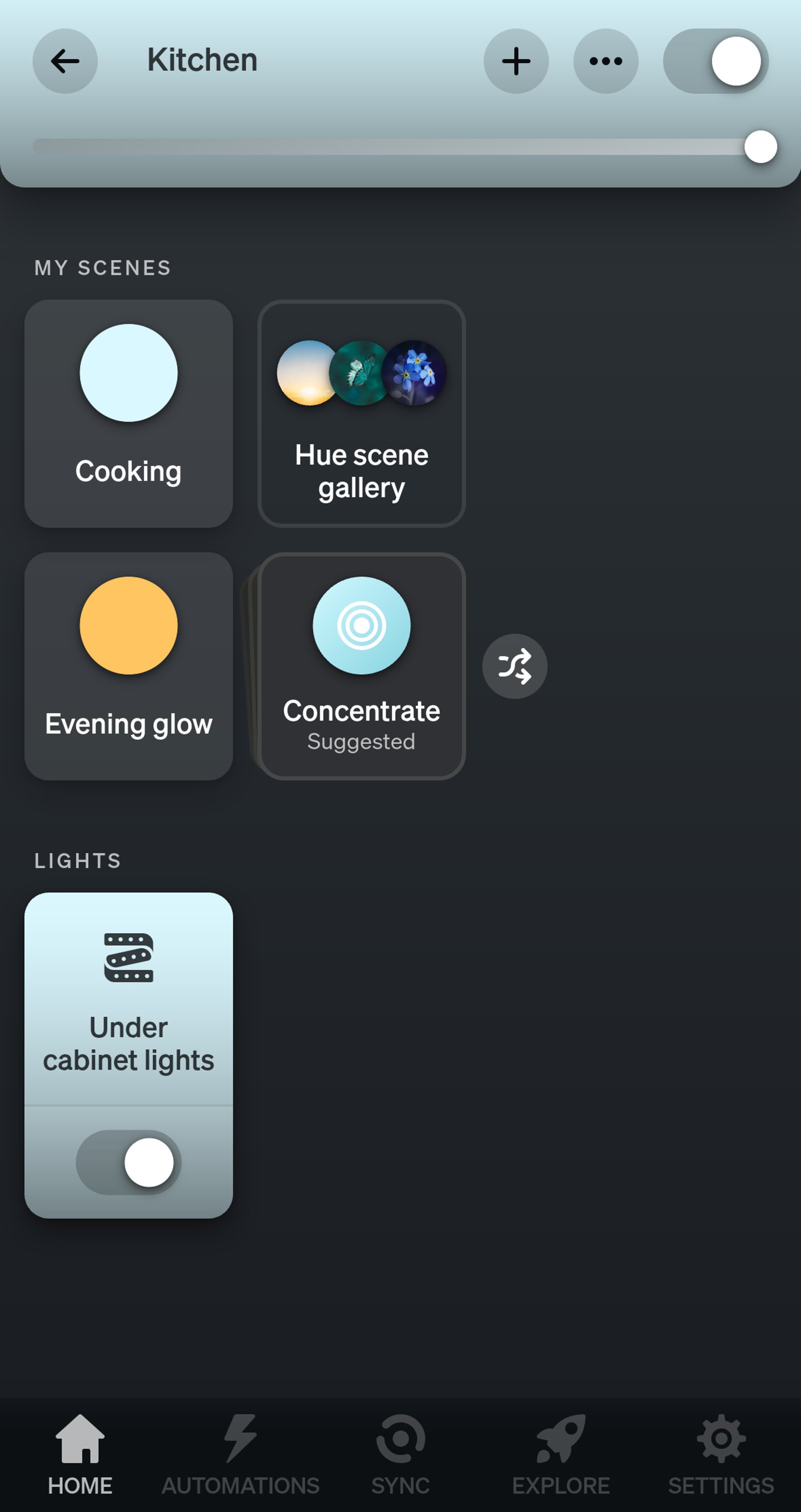 Philips Hue app Kitchen room page with the Cooking and Evening glow scenes and a light named Under cabinet lights.