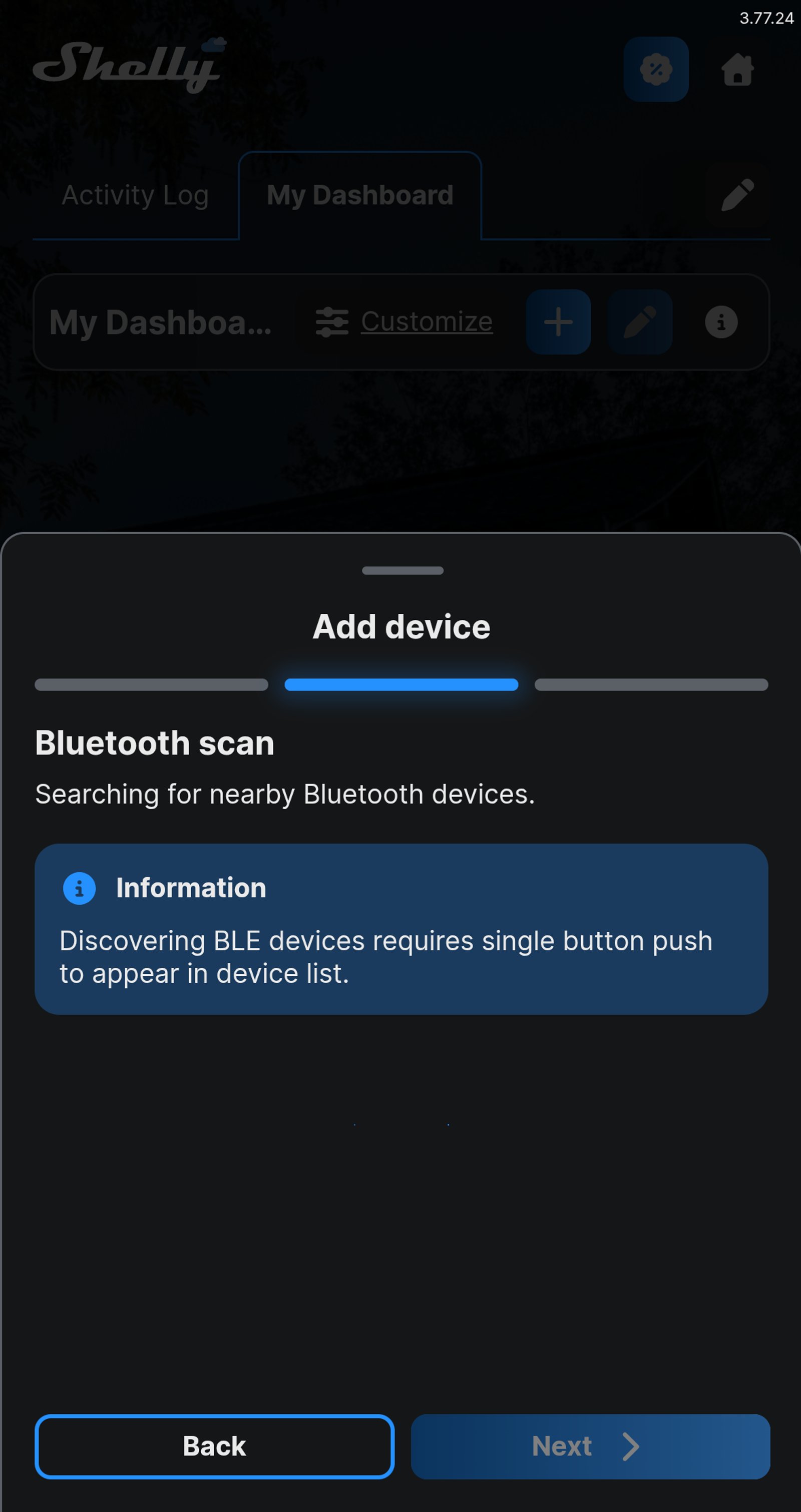 Shelly app Bluetooth scan screen, noting that a single button push makes the device appear in the list.