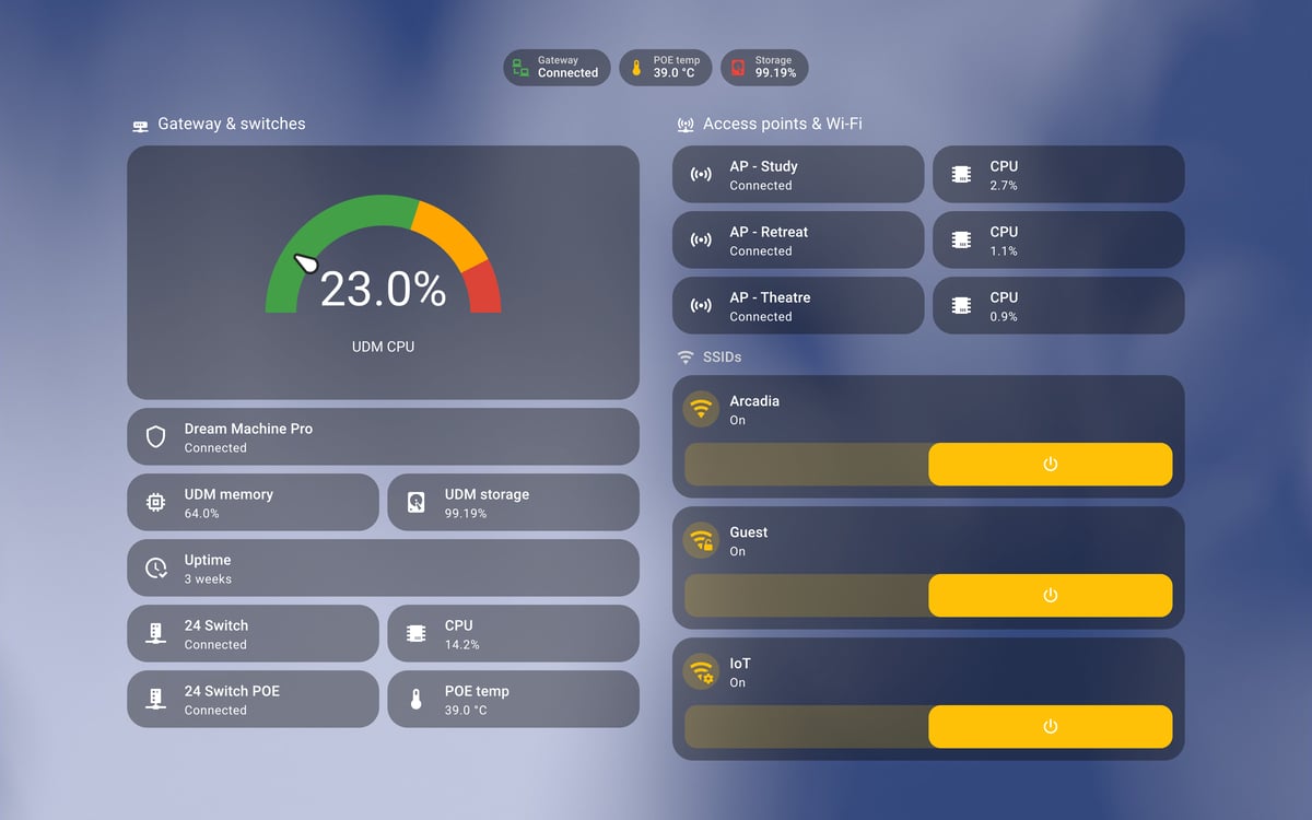 Home Assistant network lab dashboard running the iOS Themes theme (Dark), on desktop