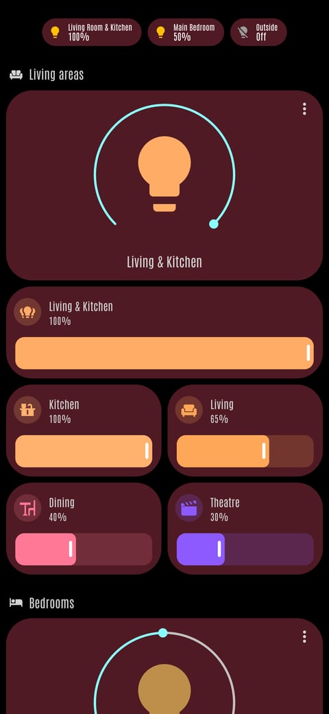 Home Assistant lights lab dashboard running the LCARS theme (Cardassia), on a phone