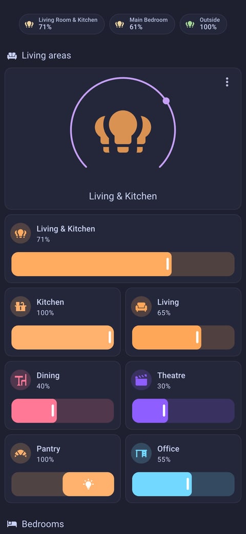 Home Assistant lights lab dashboard running the Catppuccin theme (Macchiato), on a phone