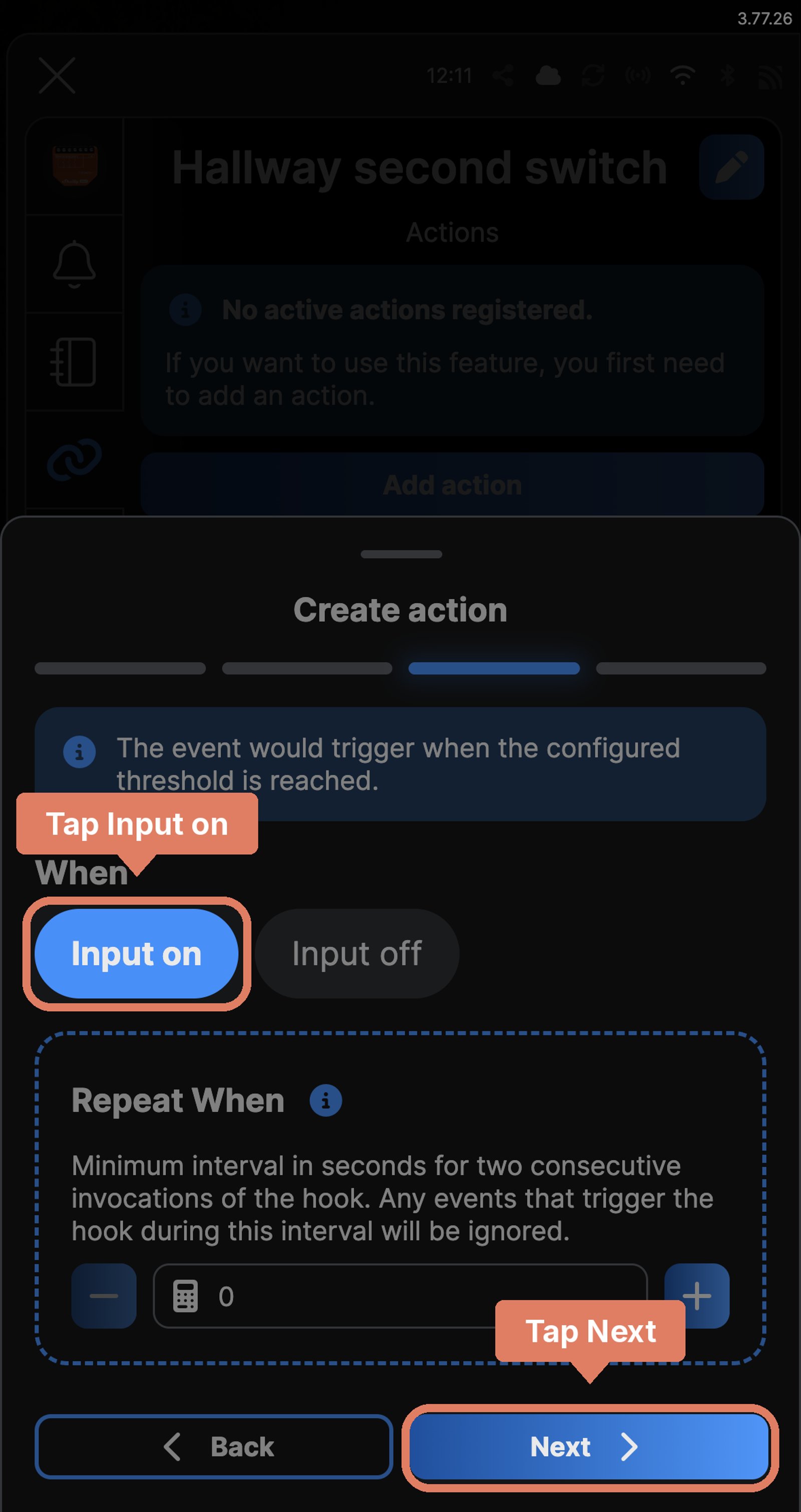 Shelly app Create action for Hallway second switch at the When step, with Input on chosen and Next marked.