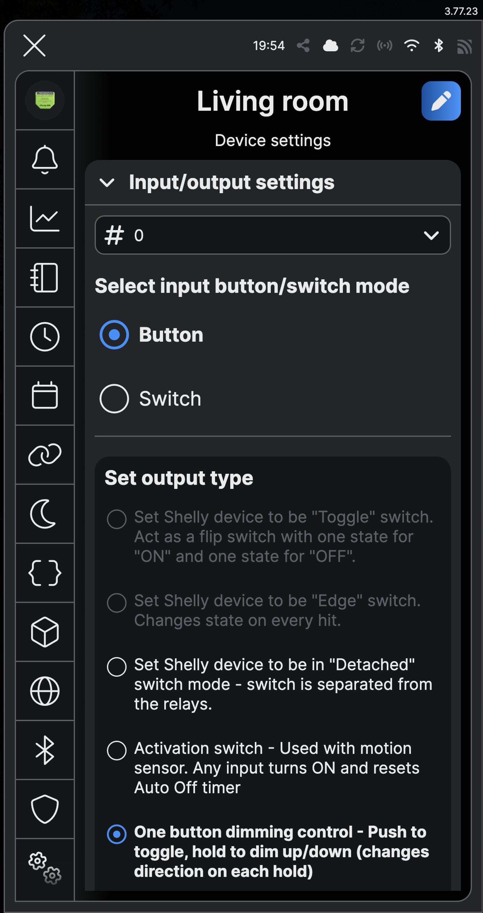 Shelly app Input/output settings for a Shelly Dimmer Gen4 named Living room, with Button selected and One button dimming control as the output type.
