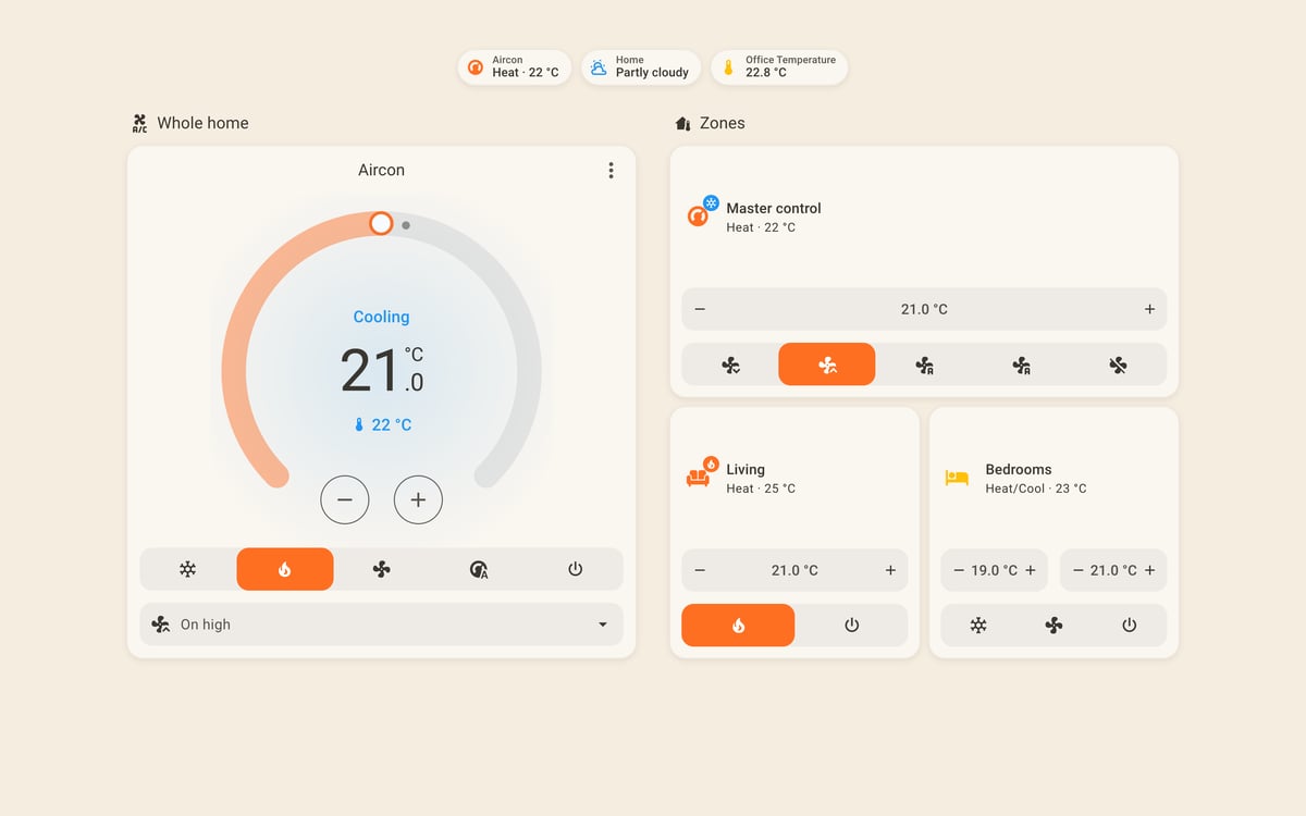 Home Assistant aircon lab dashboard running the Warm Burnout theme (Light), on desktop