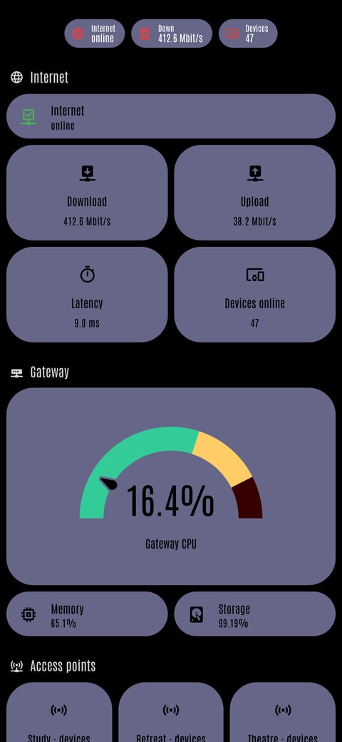 Home Assistant network lab dashboard running the LCARS theme (Default), on a phone